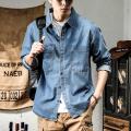 Spring and Autumn Washed Denim Shirt Men's American Retro Casual Korean Style Work Clothes Loose Ruffle Cool and Wild Shirt. 