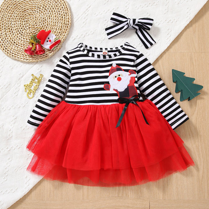 Girls Dress Baby Autumn Clothes Christmas Wholesale Children's Clothes Mesh Skirt Old Man Head Embroidered Striped Princess Skirt