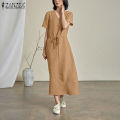 ZANZEA Korean Style Women Casual Short Sleeve Maxi Dress V Neck Drawstring Waist Side Pockets Dresses #8. 