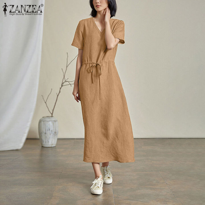 ZANZEA%20Korean%20Style%20Women%20Casual%20Short%20Sleeve%20Maxi%20Dress%20V%20Neck%20Drawstring%20Waist%20Side%20Pockets%20Dresses%20#8%20-%20Image%203