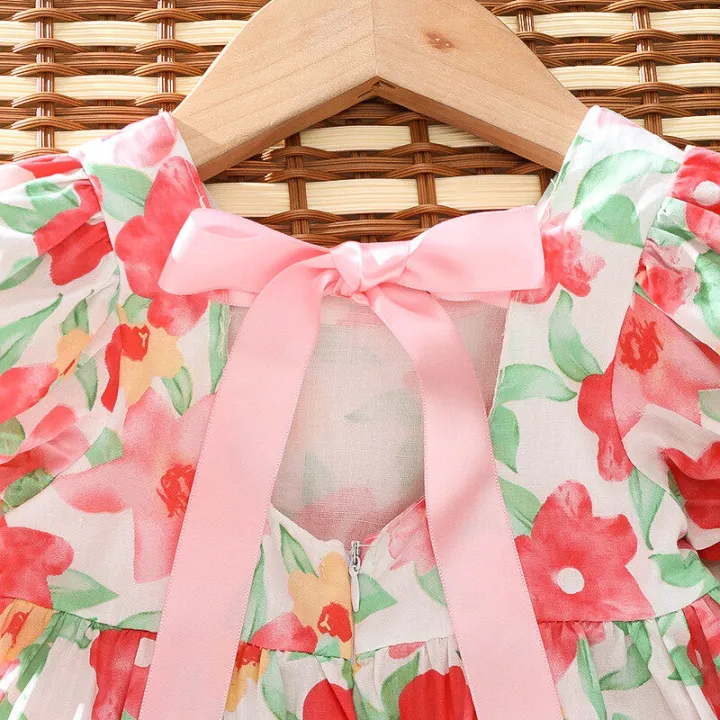 (New)%20flower%20print%20back%20ribbon%20bow%20tie%20infant%20dress%20summer%20new%20girls'%20baby%20bubble%20sleeve%20dress%20sweet%20girl%20CHILDREN'S%20clothing%20suitable%20for%200-3%20years%20old%20-%20Image%204