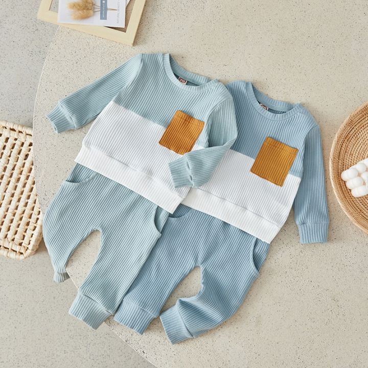 Suefunskry Baby Boys Fall Set, Long Sleeve Crew Neck Contrast Color Sweatshirt with Elastic Waist Pants Infant Clothes, 0-3Years