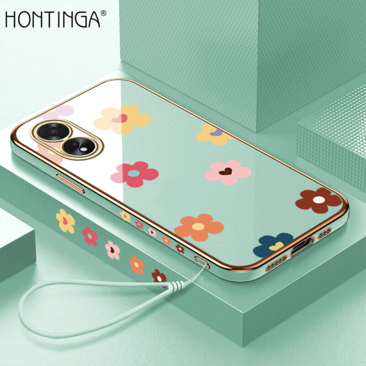 Hontinga for OPPO A38 Back Cover With Free Strap Luxury 6D Plating Falling Flower Side Pattern Case Soft Silicone Square Mobile Cover