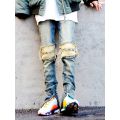 Kanye West Streetwear Distressed Knees Pleated Destroy Denim Trousers Ankle Zipper Men's Ripped Jeans Bieber Skinny Jeans Pants.