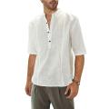 Canis-Men's Blouse, Half Button Stand Collar Elbow-Length Sleeve Casual Loose Pullover T-shirt for Male.