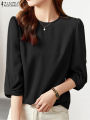 Autumn Spring Women Blouses 2023 ZANZEA Solid Tops 3/4 Sleeved Office O-Neck Shirts Blusas Casual Streetwear Female Tunic House Foocus. 