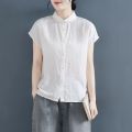 Leak Picking~Foreign Trade Cut-off Short-Sleeved Shirt for Women Summer Lapels Design Sense Loose Flying Sleeve Cotton Linen Shirt. 