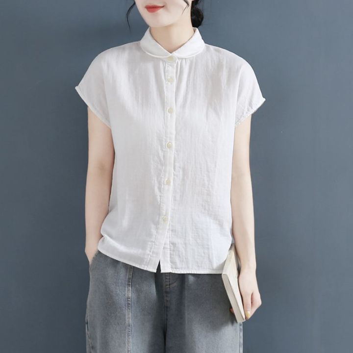 Leak%20Picking~Foreign%20Trade%20Cut-off%20Short-Sleeved%20Shirt%20for%20Women%20Summer%20Lapels%20Design%20Sense%20Loose%20Flying%20Sleeve%20Cotton%20Linen%20Shirt%20-%20Image%202