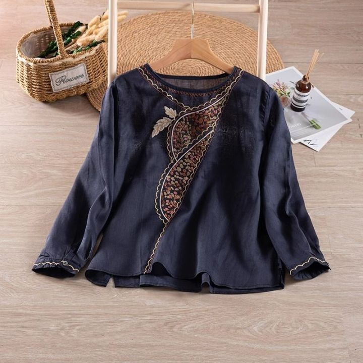 Ethnic%20Style%20Cotton%20and%20Linen%20Embroidery%20Shirt%20Women's%20Spring%20and%20Summer%20round%20Neck%20T%20T%20Shirt%20Loose%20All-Match%20Tea%20Clothes%20Retro%20Top%20for%20Women%20-%20Image%202