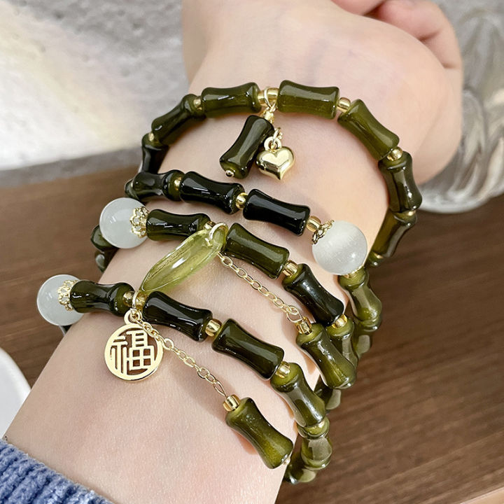 Green%20hurried%20opal%20beading%20new%20Chinese%20bamboo%20slub%20safety%20buckle%20bracelet%20women's%20light%20luxury%20design%20sense%20glass%20bracelet%20-%20Image%203