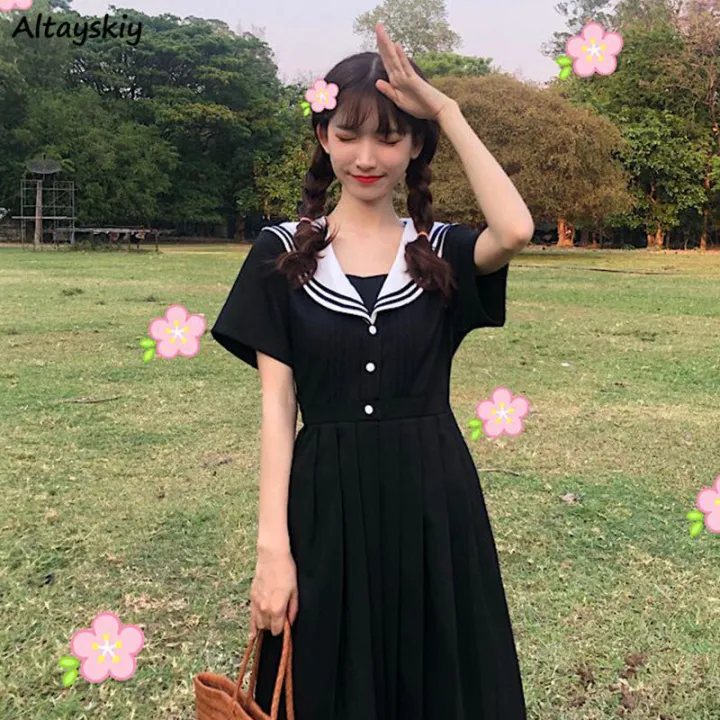 Dresses%20Women%20Preppy%20Style%20Sailor%20Collar%20Japanese%20Stylish%20Short%20Sleeve%20Sweet%20Vintage%20High-waist%20Students%20Girls%20All-match%20Female%20-%20Image%203