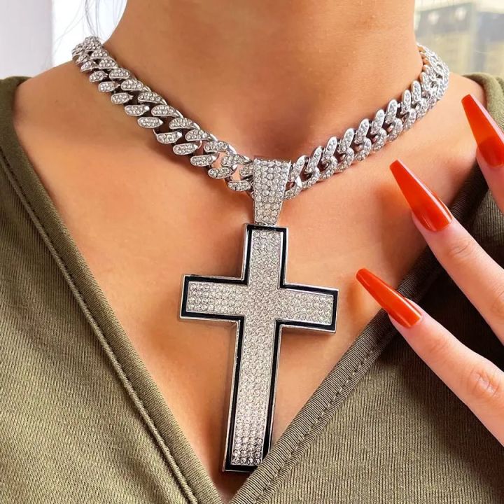 Punk Luxury Rhinestone Big Cross Pendant Cuban Necklace For Women Hip Hop Iced Out Cuban Link Chain Necklace Rapper Men Jewelry