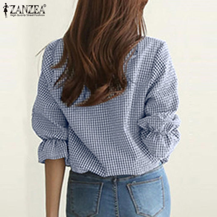 ZANZEA%20Women%20Fashion%20Short%20Sleeve%20Plaid%20Check%20Shirt%20Blouse%20Asymmetrical%20Hem%20Loose%20Tops%20#2%20-%20Image%204
