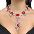 Jewelry set with high-end red fashion bride's wedding rhinestone necklace pendant earrings runway accessories. 