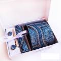 New 8CM Ties Set For Men Cufflink Pocket Square Business Tie Clips Handkerchief Mens Striped Wedding Party Necktie With Gift Box(Blueberry). 