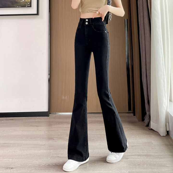 Slightly Flared Ripped Slimming Retro Pants Women's Popular High Waist Belly Contracting Spring and Summer All-Match Jeans Stretchy Wide-Leg
