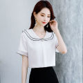 Summer New Women's Chiffon Shirt Women's Short Sleeve Col Claudine Top Elegant Korean Style Loose Undershirt. 