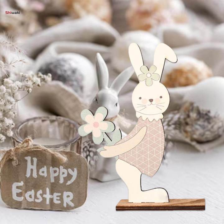 Cute Easter Standing Bunny Wooden Table Decoration Lightweight Accessory Holding Carrot