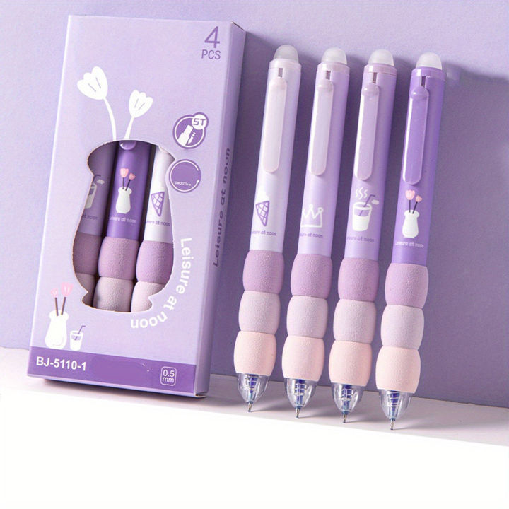 4PCS/Set Press Erasable Pen - Purple | 0.5mm Black Ink Gel Pen | School Office Writing Supplies