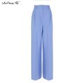 Blue Women High Waist Wide Leg Pants Ladies Casual Loose Casual Trousers Female Pleated Button Trousers Floor-Length. 