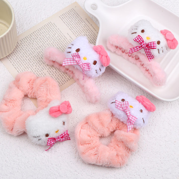 Plush Hello Kitty Hair Claw Hair Ring Pink Bowknot Shark Claw Clip Sweet Girl Scrunchies Women Hair Accessories Yao Store