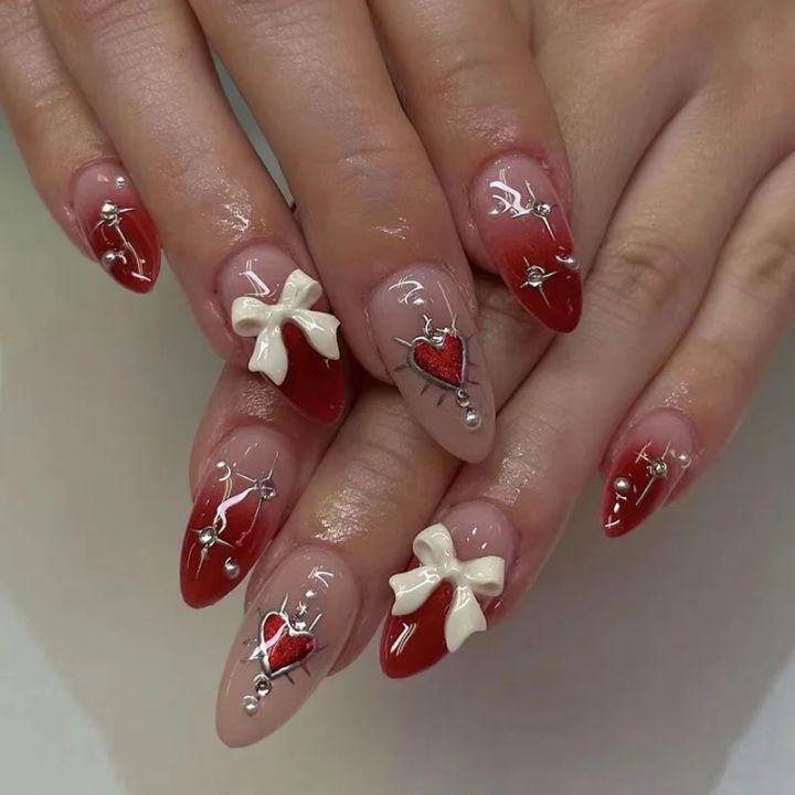 Red Love Nails 3D Bow Design False Nail Patch Lady Women Valentine's Day Wearable Artificial Nails Patches Gift for Girls