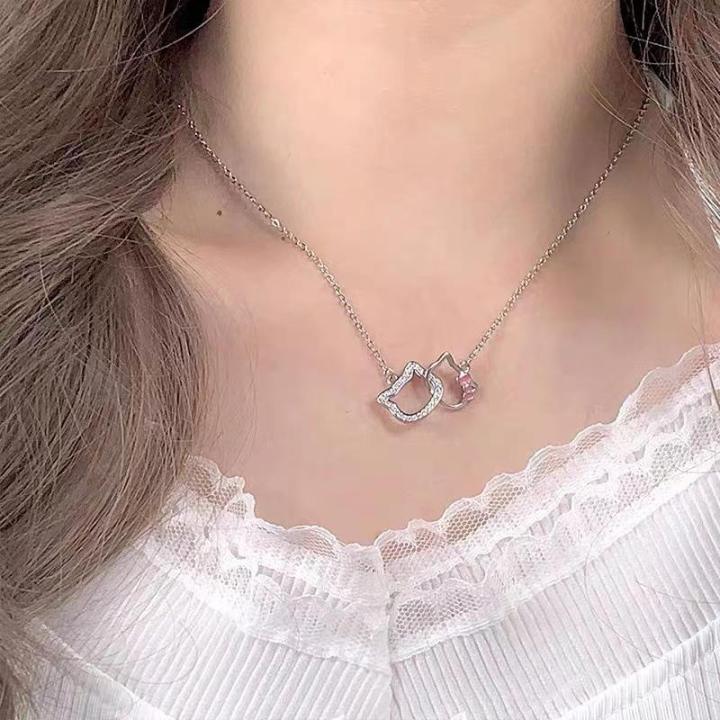Fashion Hello Kitty Pendant Necklace for Women Girls Cute Cartoon Cat Double Ring Clavicle Chain Charms Chic Delicate Necklace Jewelry Gift