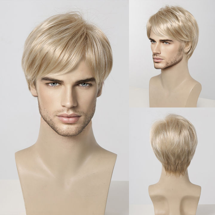Happy Night ELEMENT Short Synthetic Light Blonde Loose Straight Hair Wig with Bangs Cosplay Party Daily Use Wigs for Man Natural Fiber