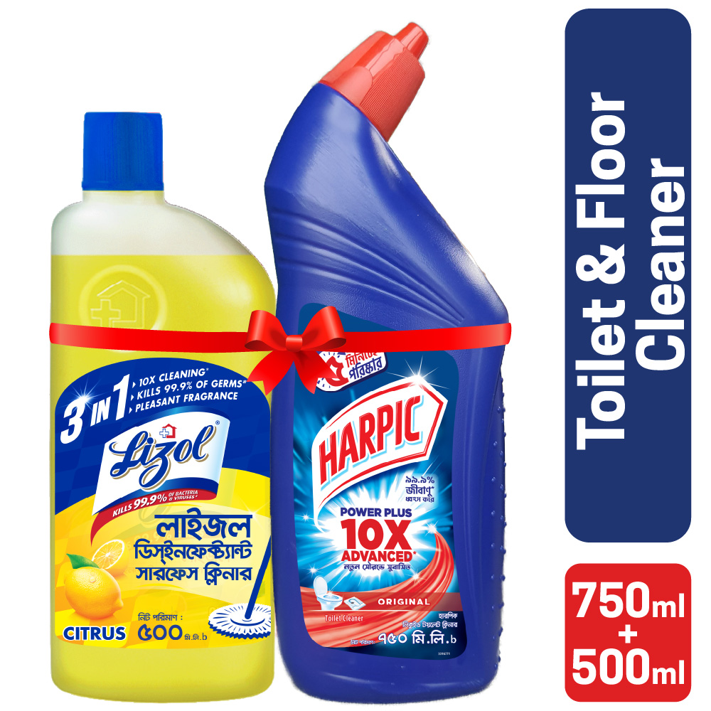 Harpic Toilet Cleaner 750ml and Lizol Citrus 500ml Double Surokkha Combo