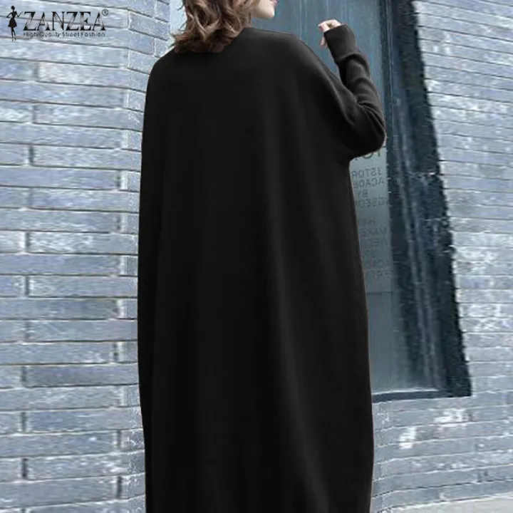 ZANZEA%20Womens%20Long%20Sleeve%20Mock%20Neck%20Casual%20Loose%20Midi%20Dress%20Kaftan%20Baggy%20Dresses%20#8%20-%20Image%204