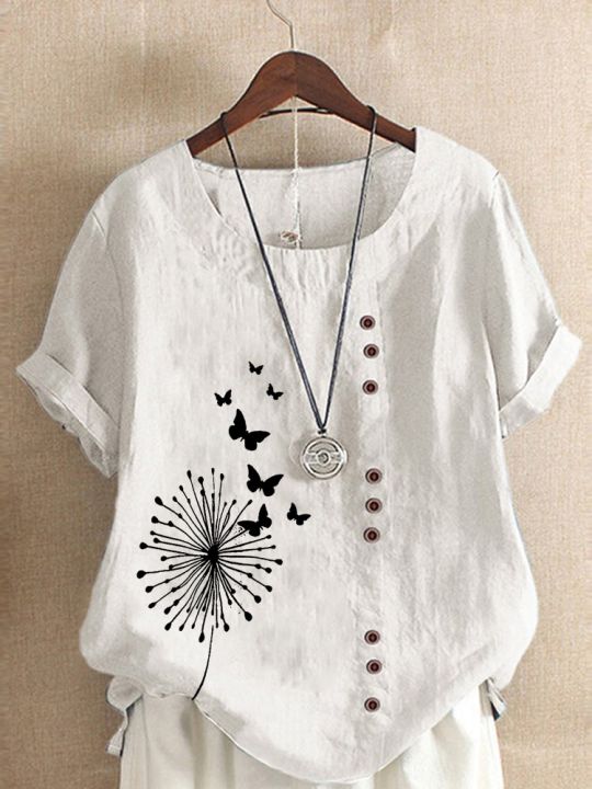 Women%20's%20Summer%20Dandelion%20Butterfly%20Printed%20Short%20Sleeve%20Round%20Neck%20T-shirt%20Ladies%20Casual%20Linen%20Shirts%20Plus%20Size%20%20Tops%20-%20Image%202