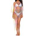 Women Bikini Cover-Ups Mesh See-Through Fashion Print Crew Neck Irregular Hem Beach Swimwear Sunscreen Blouse.
