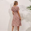 Yellow Vintage Floral Print Women Summer Dress Casual V-neck Short Sleeve A-line Chiffon Beach Midi Dresses Vestidos.