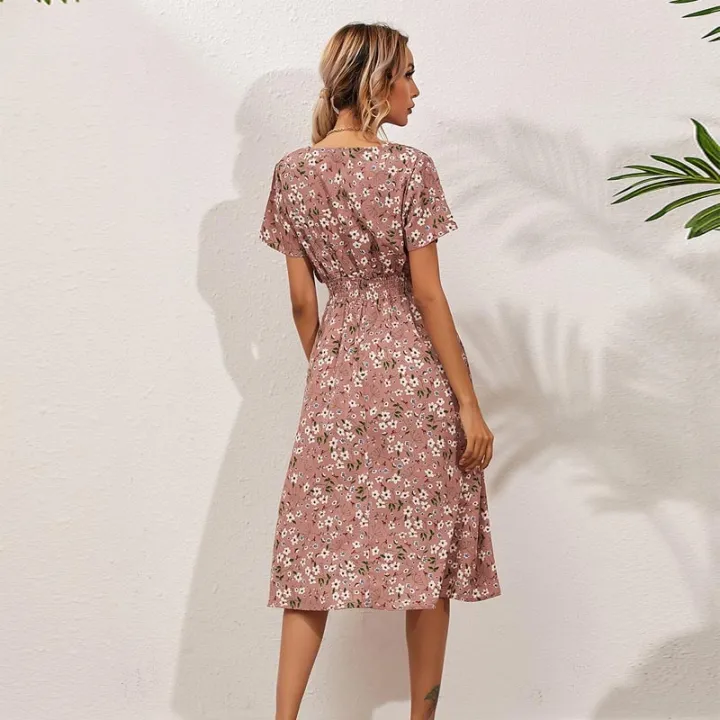 Yellow%20Vintage%20Floral%20Print%20Women%20Summer%20Dress%20Casual%20V-neck%20Short%20Sleeve%20A-line%20Chiffon%20Beach%20Midi%20Dresses%20Vestidos%20-%20Image%204