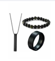 trendy fashion Pack of 3 New Black Stick Bar Necklace /Locket/Chain Bracelet & Black Ring for Men.