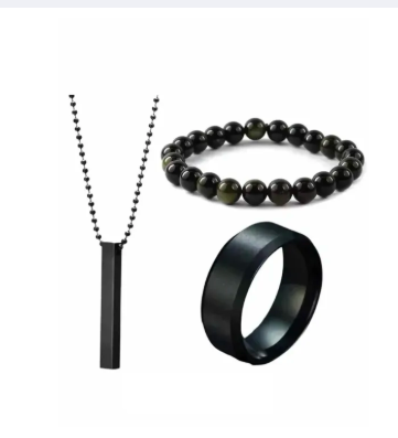 trendy fashion Pack of 3 New Black Stick Bar Necklace /Locket/Chain Bracelet & Black Ring for Men