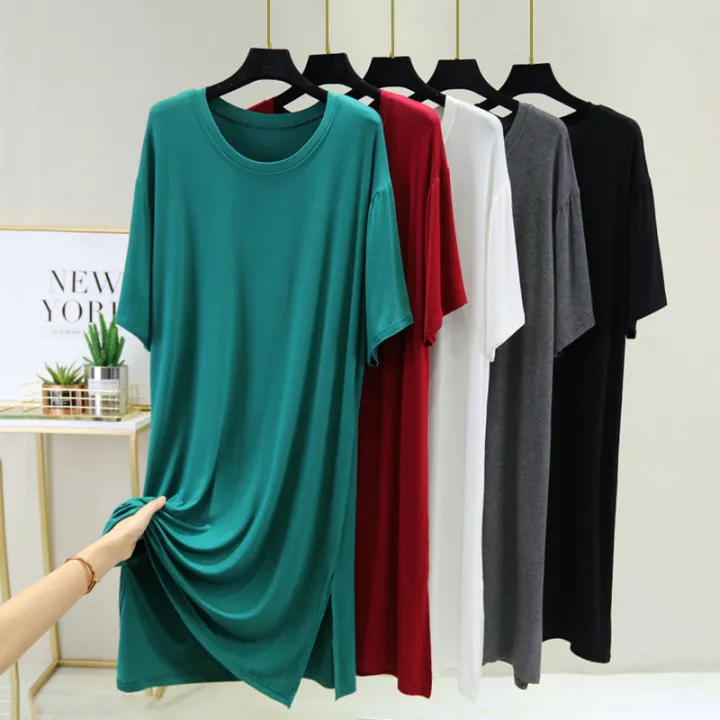 Midi%20dresses,%20thin%20round%20neck%20base%20dresses,%20casual%20and%20fashionable%20slit%20skirts,%20short%20sleeves,%20loose%20A-line%20skirts%20worn%20outside%20in%20summer%20-%20Image%202