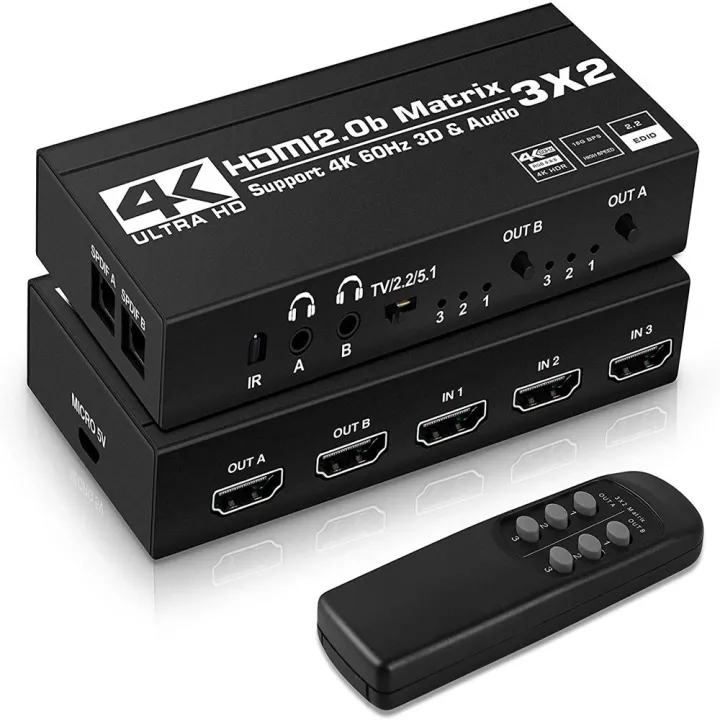 KuWFi%204K/60Hz%20HDMI%20Switch%20Remote%203x2%20Switcher%20Dual%20Audio%20Extractor%202.0b%20Matrix%20Splitter%20for%20PS4/5%20Xbox%20TV%20DVD%20HD%20player-black%20-%20Image%202
