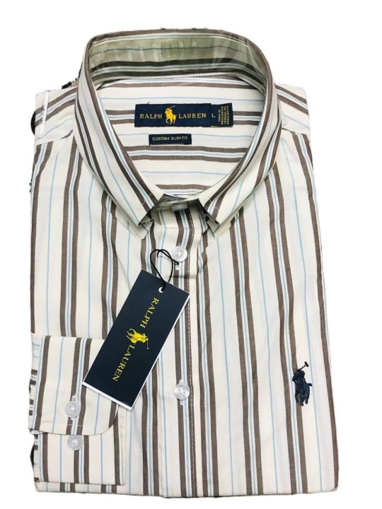 Man's cotton shirt full sleeve Ralph Lauren Slim Fit Striped Shirt- Beige Striped
