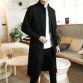 Trench Coat Men two Pieces Cardigan Kimono Embroidered Coat Male Long Chinese Style Black Loose Vintage Cotton Linen Jacket. 