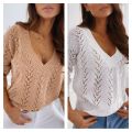 New Women's Polish Style Solid Mocha Hollow V-neck Knitted Sweater.