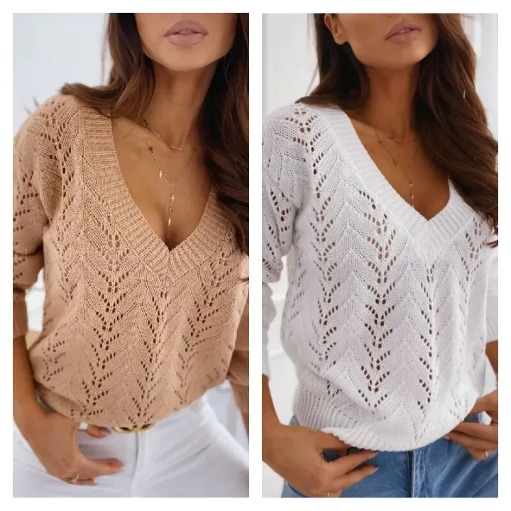 New%20Women's%20Polish%20Style%20Solid%20Mocha%20Hollow%20V-neck%20Knitted%20Sweater%20-%20Image%206