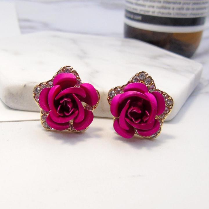 Korean Version Of Sweet Stereo Flower Earrings Rose Pentagon Mini Earrings Female Bridal Earrings -  Ear Ring - Ear Ring
