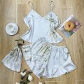 Elegant Floral Print Cami Tops Ruffle Hem Shorts Pajama Set Women's Sleepwear Loungewear. 