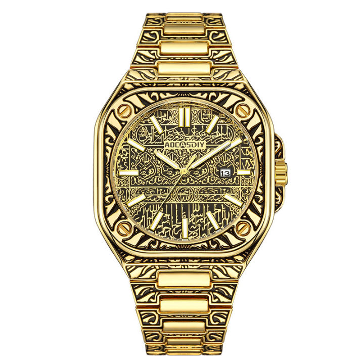 2024%20New%20Vintage%20Gold%20Watch%20Classic%20Engraved%20Bronze%20Quartz%20Watch%20Date%20Waterproof%20Steel%20Band%20Watch%20Foreign%20Trade%20Delivery%20-%20Image%205