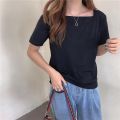 Genaisha New Style Ladies Short-Sleeve Top Trend Korean Version Solid Color Girl Square Neck T-Shirt. 