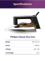 Philips HD1172 Classic Dry Iron Fast & Efficient | Linished Soleplate | 1000W Power | Durable Classic Design.