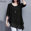 ZANZEA Women Summer 3/4 Sleeve Plain Layered Asymmetric Hem O Neck Loose Tops Blouse #11. 