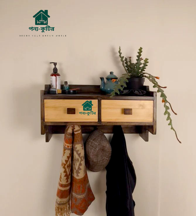 GOLDEN OAK Wall Shelf with Drawers & Key Holders WSDK 001