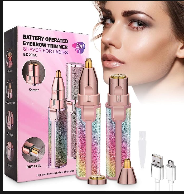 2 in 1 Eyebrow Trimmer & Face Hair Remover for Women wirh Light Rechargeable Waterproof Painless Facial Hair Removal for Lips Nose Face Body